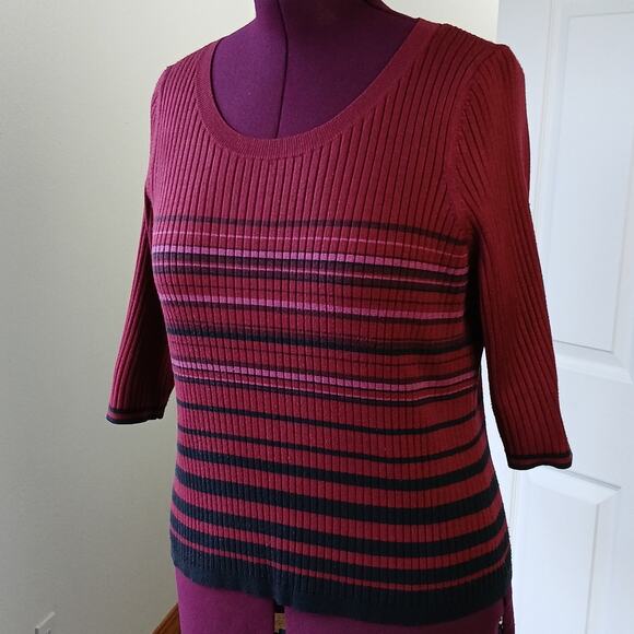 Lane Bryant Red Ribbed Striped Sweater Large missing tags 3/4 sleeves crew neck - Picture 1 of 11